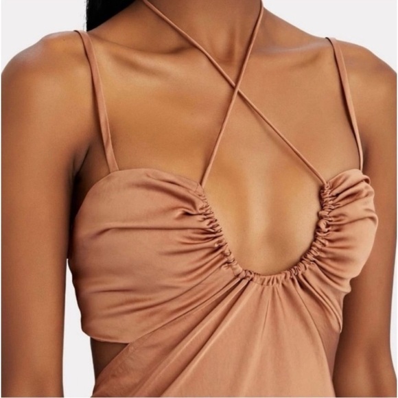 A.L.C. Sienna Cut Out Shirred Satin Midi Dress in Rawhide Brown Size:6 - Picture 4 of 14